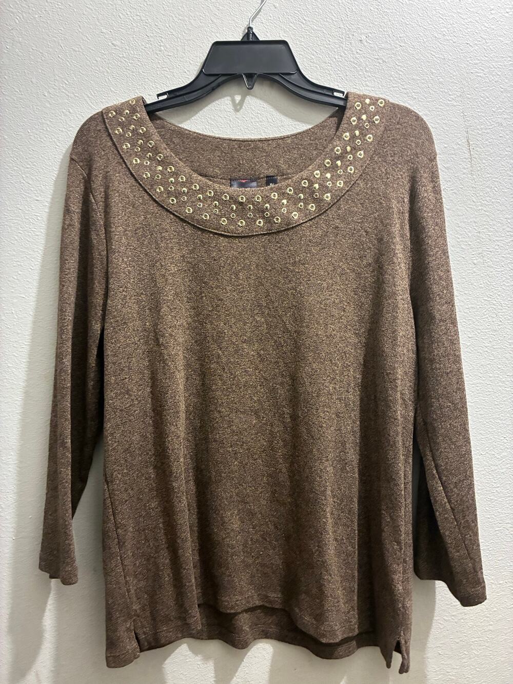 Rafaella Brown Heather Embellished Beaded Neck Sweater Top Size XL Pullover